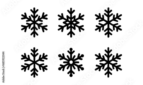 Set of six snowflake designs in simple black silhouette style