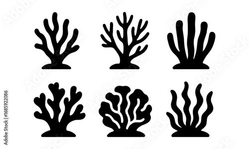 Silhouette coral set: minimalist seaweed icons for marine designs
