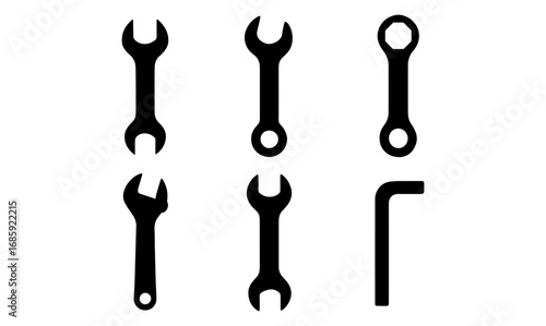 Silhouette icons of various wrenches and tools in minimalist style
