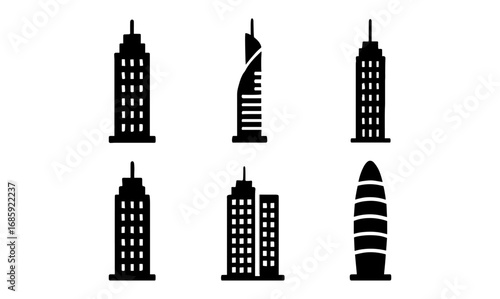 Iconic skyscrapers silhouette collection: futuristic urban architecture design