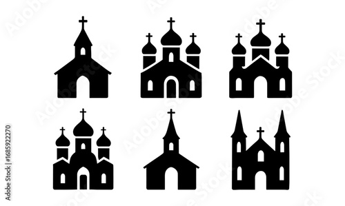 Silhouette icons of various church architectures with crosses