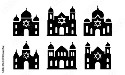 Silhouette synagogue icons set with star of david