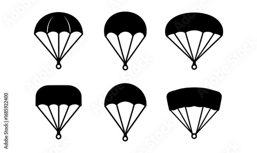 Set of six parachute silhouettes on white background