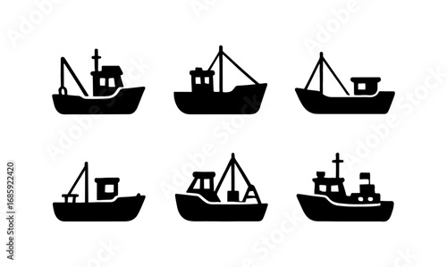 Silhouette fishing boats set: minimalist black silhouettes of fishing vessels for nautical design