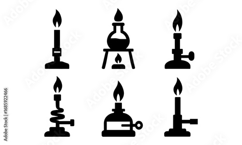 Silhouette collection of laboratory bunsen burners with flames