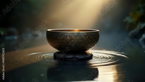 Tibetan singing bowl with water reflecting light and creating ripples in serene setting. Tibetan singing bowl emphasizes relaxation and meditation,