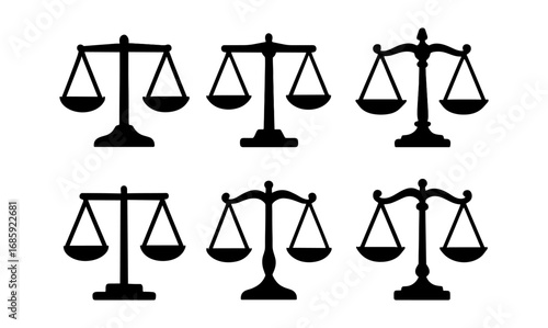 Elegant balance scale silhouettes in diverse classic designs for justice and law concepts