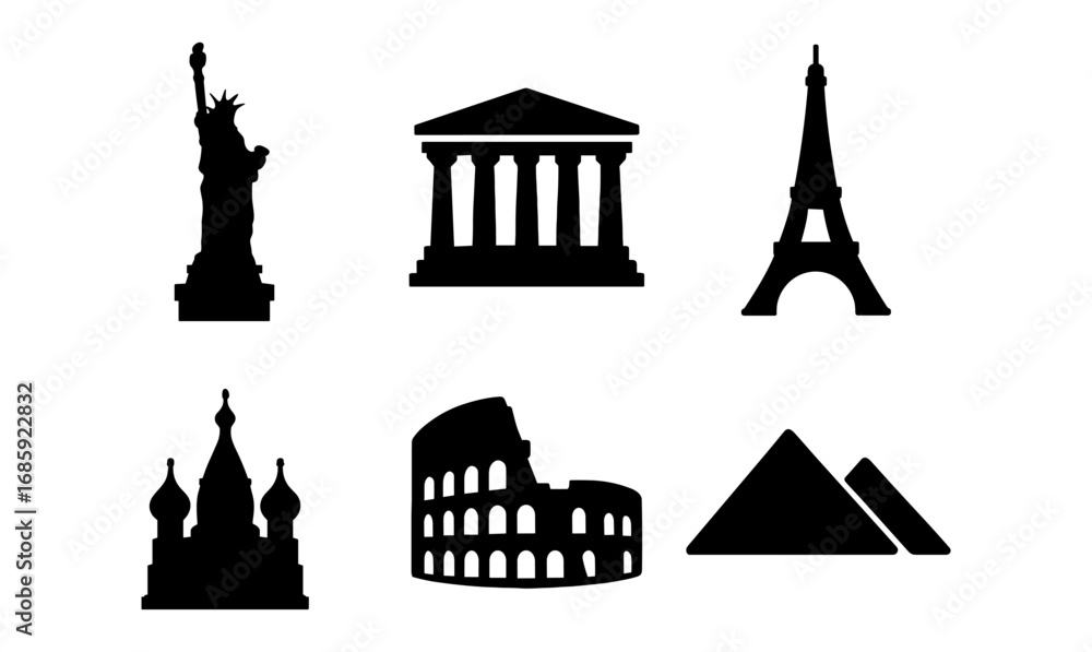 Obraz premium Iconic landmarks silhouettes: global wonders in minimalist design