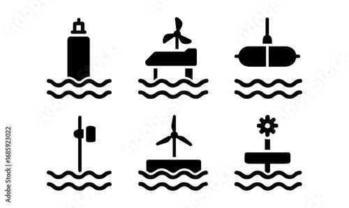 Silhouette icons of ocean energy structures: buoys, turbines, and wave systems