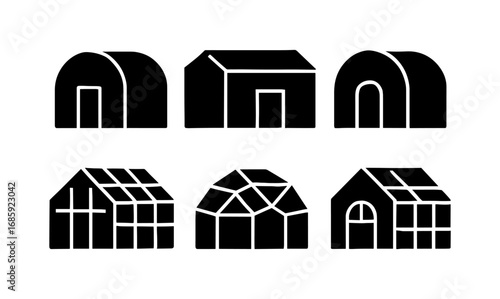 Silhouette set of greenhouse icons featuring various shapes and designs
