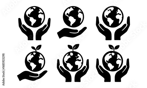 Silhouette of hands holding earth with leaf icon set for environmental themes