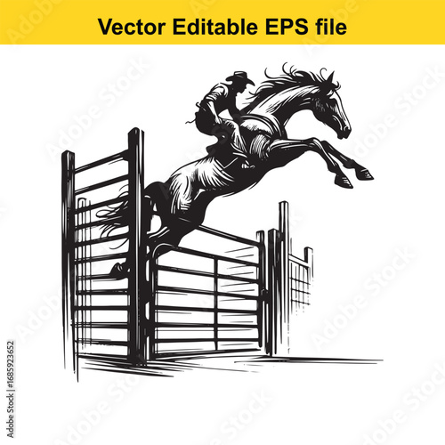 Horse jumping over a fence, isolated on white background