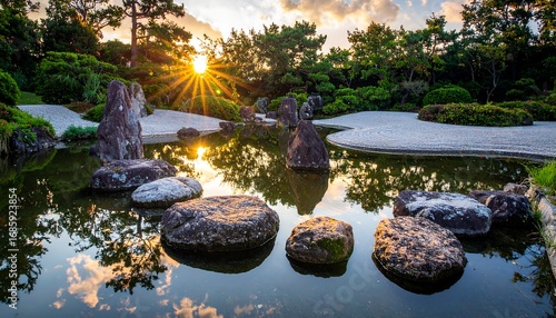 Peaceful zen garden sunset reflection