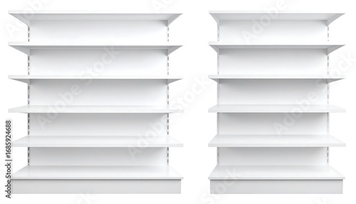 Two bright white empty display shelves for retail, isolated on white, perfect for showcasing products