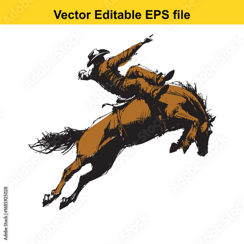 Cowboy riding a bucking bronco horse isolated on white background