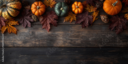 Autumn corner border banner of pumpkins, gourds and fall decor on a rustic wood background with copy space