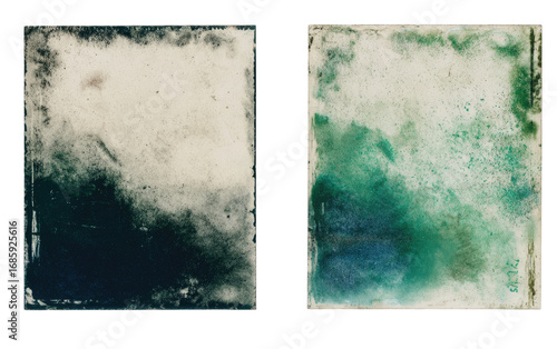 Two abstract, textured photographic prints.  One predominantly dark, the other teal-green.  Both show evidence of age or processing