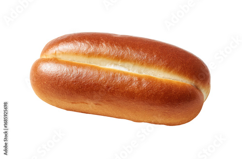Single hot dog bun, light golden brown, slightly off-white interior