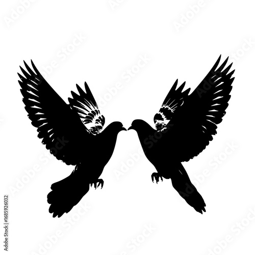 Two Majestic Black Pigeons Soaring Together in Perfect Harmony with Open Wings