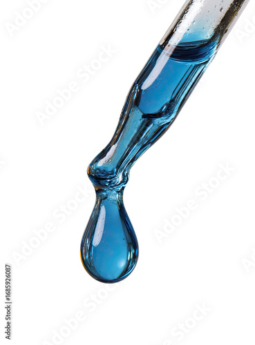 Close-up of a blue liquid droplet dispensed from a glass dropper