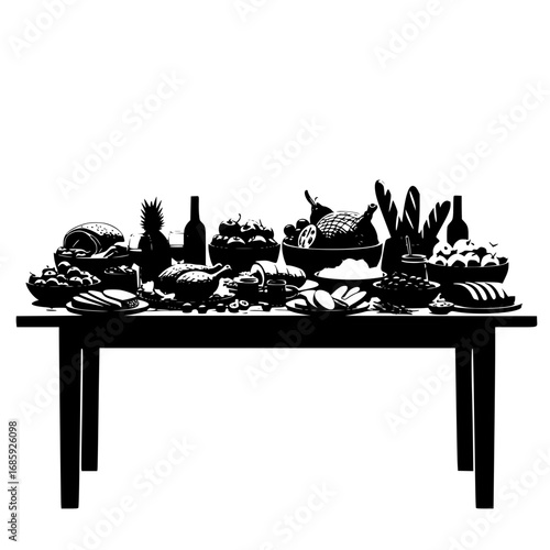 Abundant Feast Table Laden with Varied Foods and Drinks