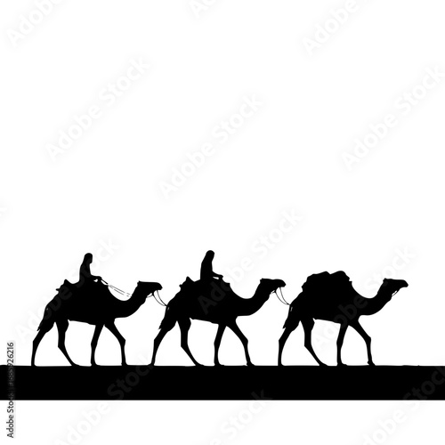 Three Silhouetted Figures Riding Camels Across a Desert Landscape Under a Clear Sky