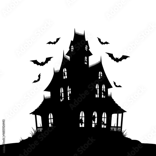 Spooky Haunted Mansion Silhouette Under a Full Moon Bats Flying Around