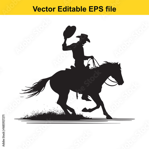 Silhouette of a cowboy riding a horse, isolated on white background