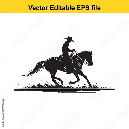 Silhouette of a cowboy riding a horse in a field, isolated on white background