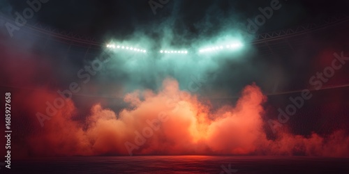 An atmospheric sports scene illuminated by stadium lights, surrounded by vibrant smoke in shades of red and teal. The dramatic lighting creates an intense and exciting ambiance.