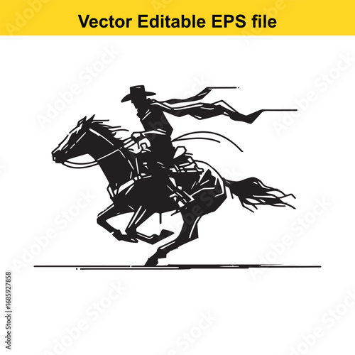 Silhouette of a cowboy riding a horse at full gallop, isolated on white background