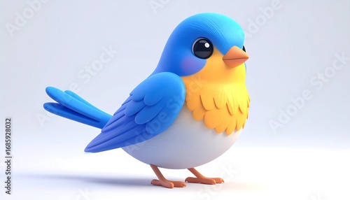 Cartoon bird, blue head and tail, yellow chest, white belly, on light gray background
