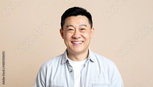 A portrait of a smiling man with dark hair in a light gray shirt against a beige backdrop