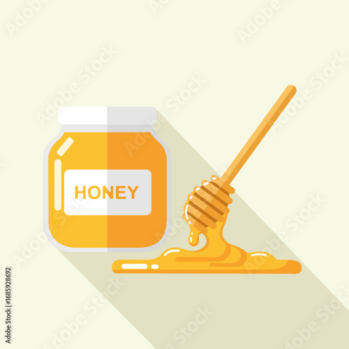 Jar of Honey with Dipper and Overflowing Sweet Golden Syrup