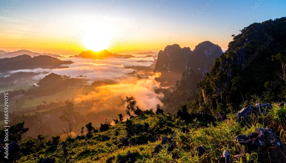 Fototapeta premium Sunrise over misty mountain valley