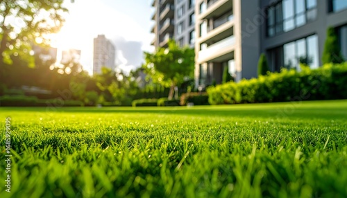 Lush green lawn in front of modern apartment complex
