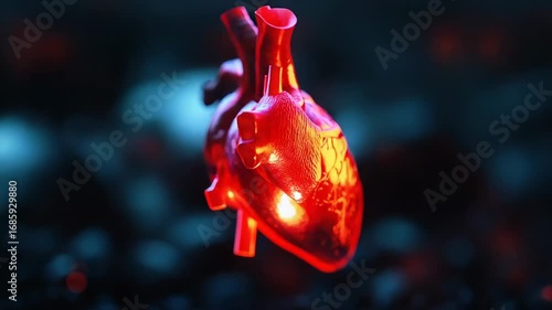 Glowing red human heart beating in a dark background
