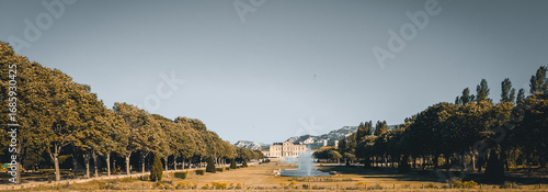 Panoramic view of Château Borély and fountains, Parc Borély, Borely Park, Marseille, Marseilles, France. Fine art landscape, historic garden and blue sky