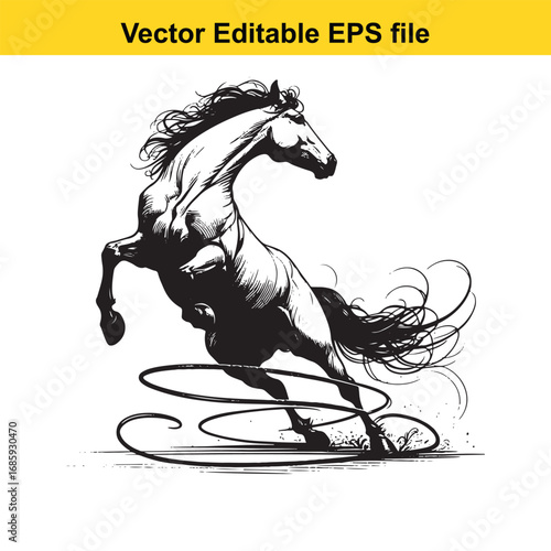Rearing horse with swirling lines isolated on white background