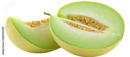 Two slices of cantaloupe melon, pale yellow rind, light green flesh, and visible seeds