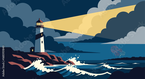 Lighthouse and Distant Fireworks on a Stormy Coast