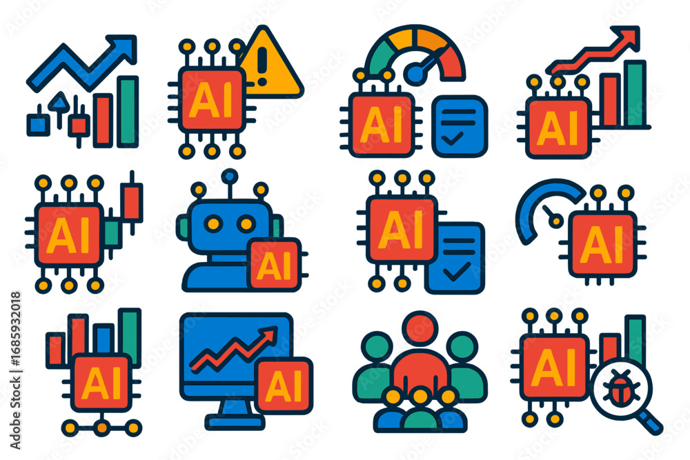 Naklejka premium AI Finance Icons. Flat vector icons of AI in finance: algorithmic trading, fraud detection, credit scoring AI, financial