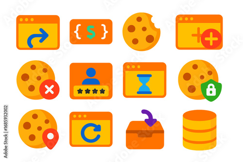 PHP Sessions Icons. Flat vector icons of PHP Sessions and Cookies: session_start icon, $_SESSION variable, cookie icon, setcookie