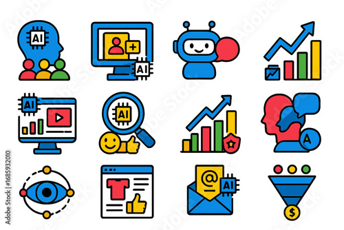 AI Marketing Icons. Flat vector icons of AI for marketing: customer segmentation, personalized ads, chatbot support, trend