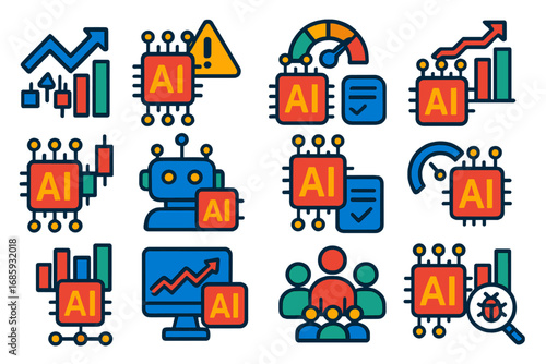 AI Finance Icons. Flat vector icons of AI in finance: algorithmic trading, fraud detection, credit scoring AI, financial