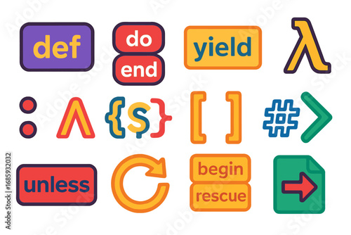 Ruby Syntax Icons. Flat vector icons of Ruby syntax elements: def keyword, do-end block, yield keyword, lambda icon, symbol colon,