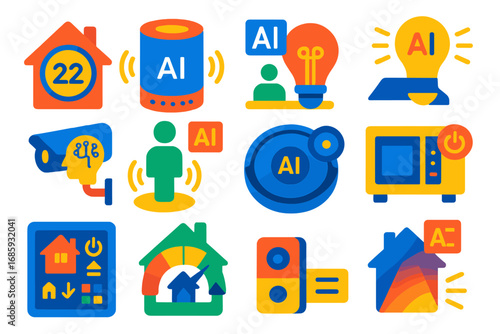 Smart Home Icons. Flat vector icons of AI in smart homes: smart thermostat, voice assistant speaker, AI lighting control, security
