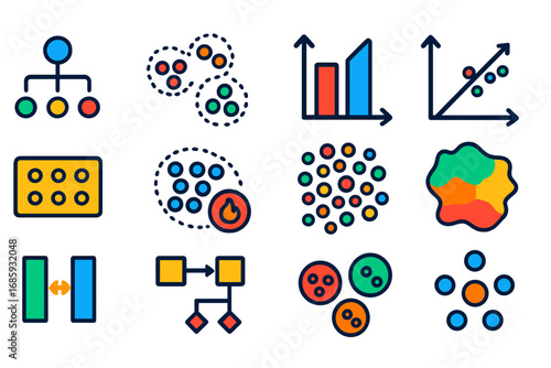 Unsupervised Learning Icons. Flat vector icons of unsupervised learning: clustering algorithm, k-means clusters, dimensionality
