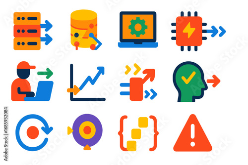 Real-Time ML Icons. Flat vector icons of real-time machine learning: stream processing, data ingestion, online training, rolling