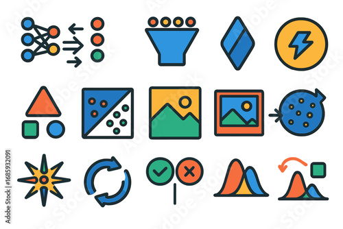 Generative Models Icons. Flat vector icons of generative models in ML: generative adversarial network, generator icon,